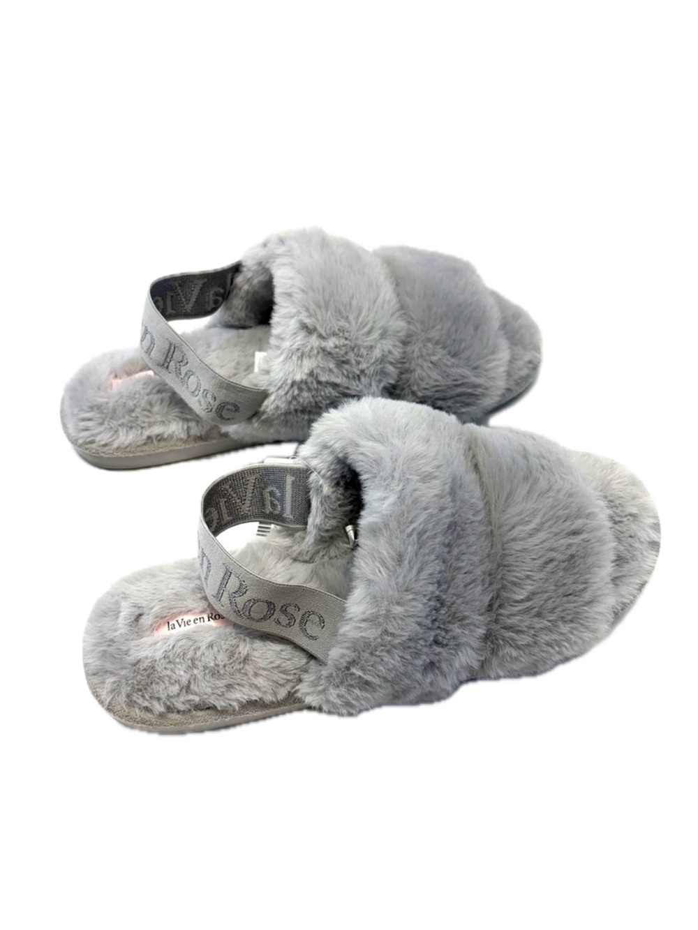 NWT La Vie en Rose Plush Open Slide Slippers - Silver Grey XL